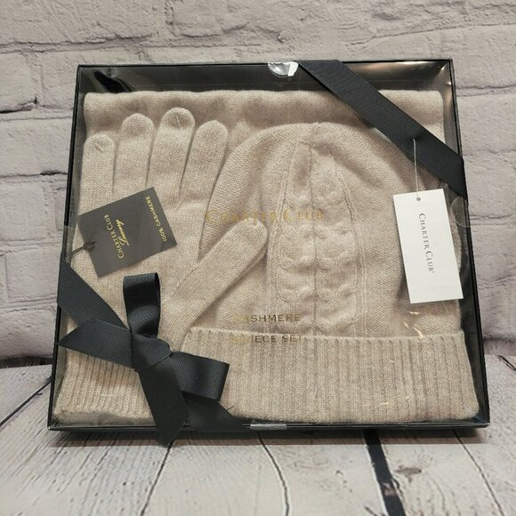 Charter Club Accessories - Charter Club Cashmere Hat, Gloves & Scarf Boxed Gift Set- Pearl Taupe Heather